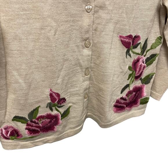 Garnet Hill Button Front Merino Wool Floral Embroidered Cardigan Beige Medium - Picture 2 of 5
